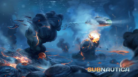 HD PC desktop wallpaper from the video game Subnautica, featuring an underwater volcanic landscape with glowing lava formations and aquatic creatures.