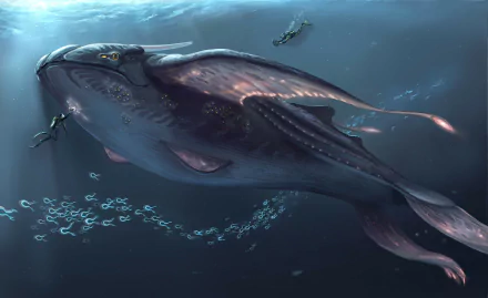 HD desktop wallpaper from the video game Subnautica featuring a massive, aquatic creature gliding underwater with two divers nearby.