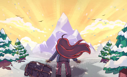 HD desktop wallpaper of Celeste game character standing before a mountain, with a vibrant sunrise and snowy landscape.