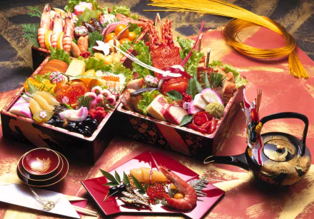 HD desktop wallpaper featuring a vibrant still life of assorted seafood delicacies, including shrimp, artfully arranged in traditional Japanese-style boxes.