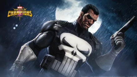 HD PC desktop wallpaper featuring Punisher from the video game MARVEL Contest of Champions, showcasing his intense pose under a stormy night sky.