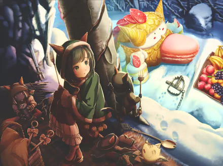 Anime-style original HD desktop wallpaper featuring a young character with animal ears sitting among whimsical oversized desserts and magical forest elements.