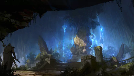 A fantasy warrior stands in a magical ruin illuminated by glowing blue energy, creating a mystical and epic HD desktop wallpaper scene.