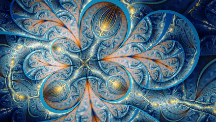 An HD desktop wallpaper featuring an intricate abstract fractal design with swirling blue and orange patterns, creating a mesmerizing and detailed background.