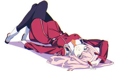 Anime character Zero Two from Darling in the FranXX with pink hair and horns, smiling while lying down in a red outfit. This HD desktop wallpaper captures her relaxed pose and intricate details.
