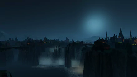 HD PC desktop wallpaper from The Witcher 3: Wild Hunt featuring a dark, misty castle landscape under a glowing moon.