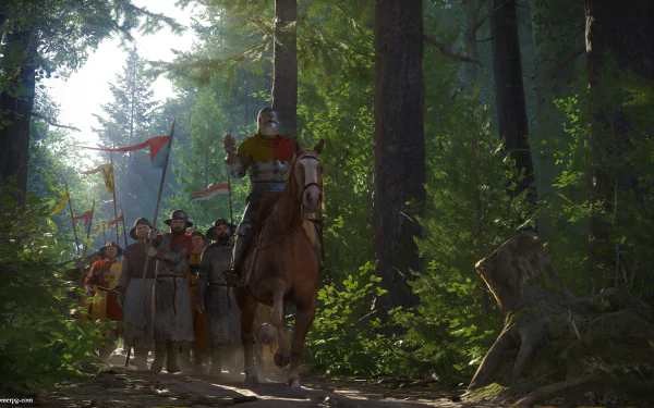 HD PC desktop wallpaper from the video game Kingdom Come: Deliverance depicting a medieval knight on horseback leading armored soldiers through a sunlit forest path.