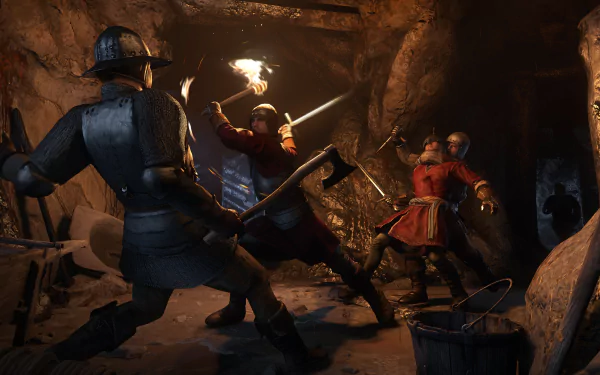 4K Ultra HD PC desktop wallpaper of Kingdom Come: Deliverance video game — medieval swordfight in a dim cavern as armored warriors clash by torchlight.