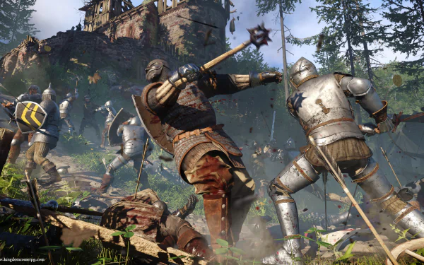 HD PC desktop wallpaper featuring an intense medieval battle scene from the video game Kingdom Come: Deliverance, showcasing armored knights clashing near a castle.