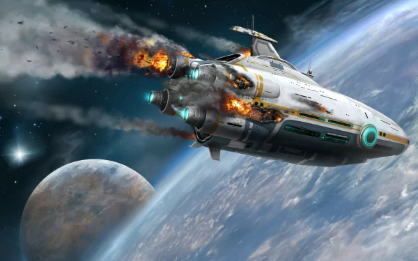 HD desktop wallpaper of the video game Subnautica, featuring a spaceship flying over a planet with damaged engines emitting fiery smoke.