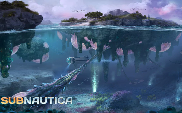 HD PC desktop wallpaper from the video game Subnautica, depicting an underwater scene with floating islands and aquatic life in a vibrant, immersive environment.