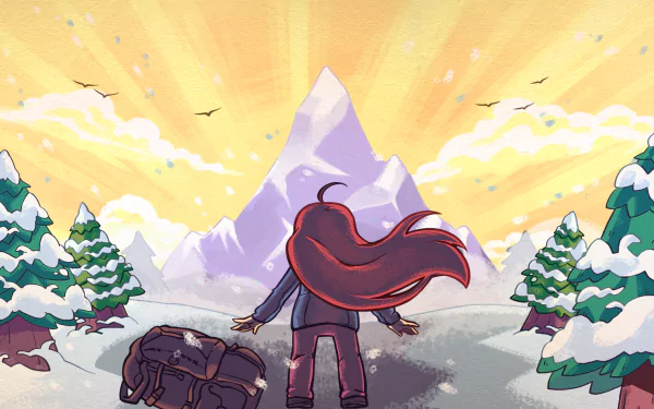 HD desktop wallpaper of Celeste game character standing before a mountain, with a vibrant sunrise and snowy landscape.