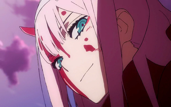 Anime character with pink hair, green eyes, and horns, known as Zero Two from Darling in the FranXX, gazing thoughtfully. The HD wallpaper features a colorful background.