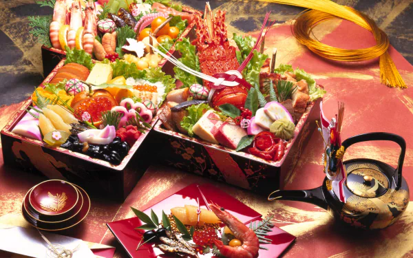 HD desktop wallpaper featuring a vibrant still life of assorted seafood delicacies, including shrimp, artfully arranged in traditional Japanese-style boxes.