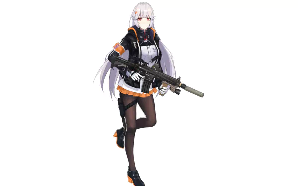 HD desktop wallpaper featuring HK416, a character from the video game Girls Frontline, with white hair and holding a rifle.