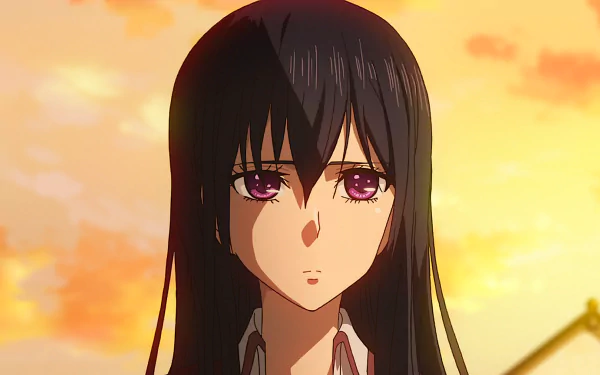 HD desktop wallpaper of Mei Aihara from the anime Citrus, featuring her with sad purple eyes against a sunset background.