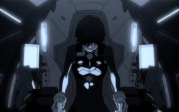 HD desktop wallpaper featuring Hiro from the anime Darling in the FranXX, depicting him in a dark cockpit environment with glowing controls.