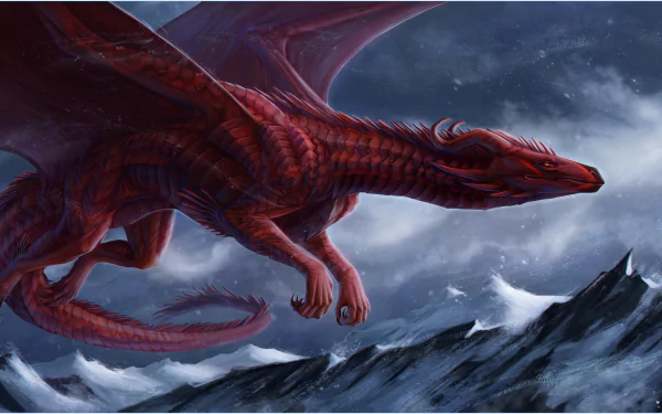 HD desktop wallpaper featuring a majestic red dragon soaring over a rugged, snow-covered mountain landscape, enveloped in an aura of fantasy and adventure.