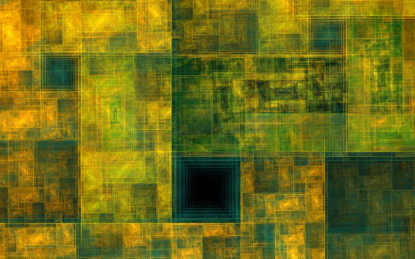 A trippy, geometric abstract fractal design created with Apophysis software. The HD desktop wallpaper features intricate lines and squares in vibrant shades of yellow, green, and black.