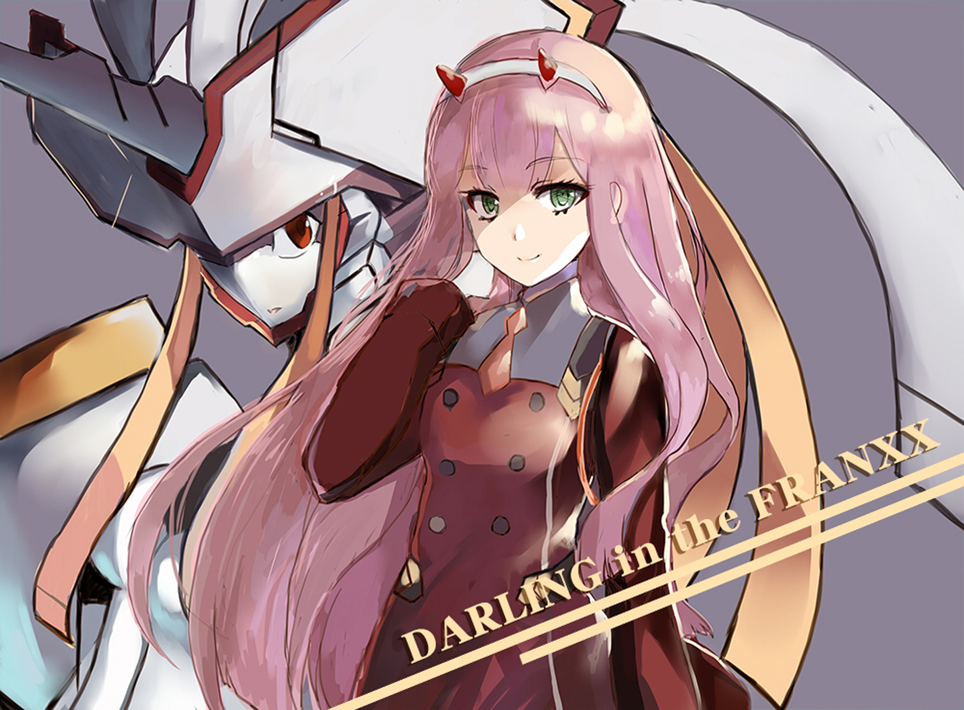 Download Red Eyes Uniform Horns Smile Green Eyes Pink Hair Long Hair Robot  Zero Two (Darling In The FranXX) Anime Darling In The FranXX Wallpaper