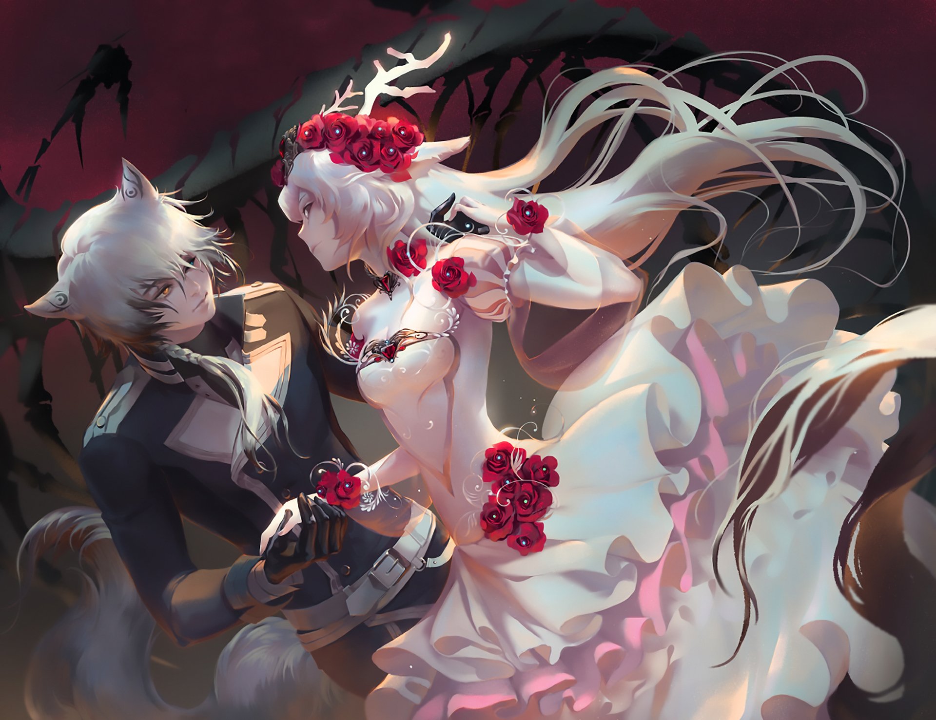 Anime-style original HD desktop wallpaper depicting two characters, one with white hair and wolf ears, and a flowing white-haired figure adorned with red roses.