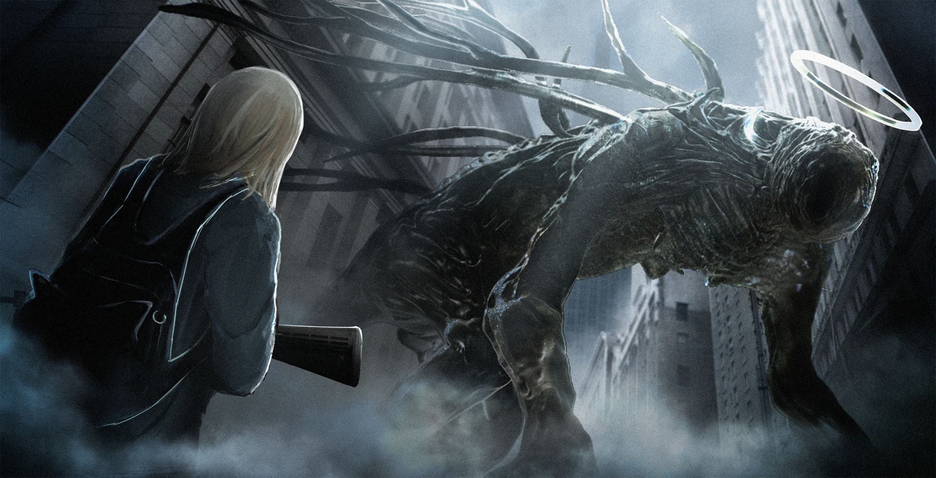 Anime original HD PC desktop wallpaper/background: a blonde figure with a rifle faces a towering, multi‑limbed shadow creature amid fog and ruined skyscrapers.