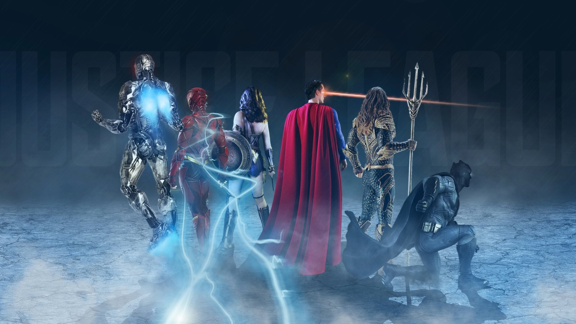 A dynamic HD wallpaper featuring DC Comics' Justice League characters: Cyborg, Aquaman, Wonder Woman, Superman, Batman, and Flash, set against a misty backdrop.