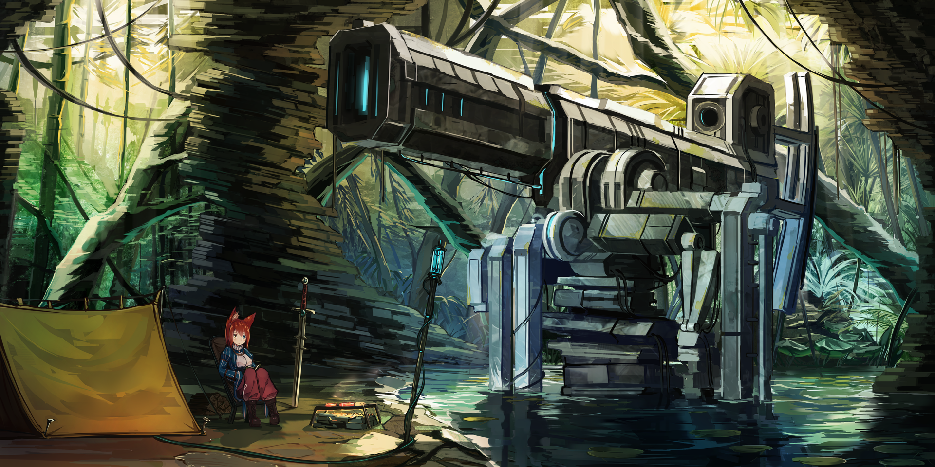 Anime-style original HD desktop wallpaper depicting a futuristic robotic turret in a dense forest, with a small character sitting nearby beside a campfire and tent.