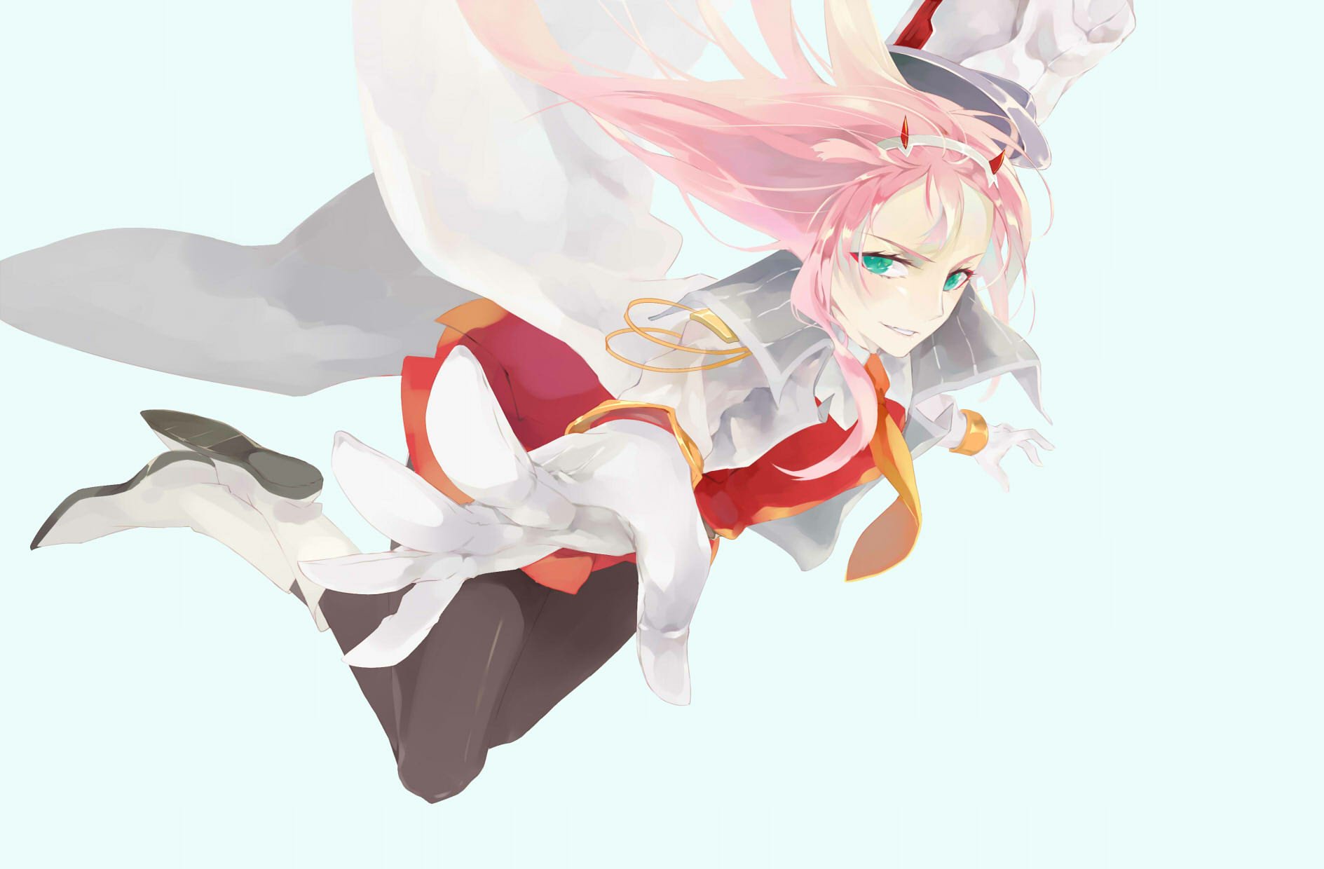 An anime character, Zero Two from Darling in the FranXX, with pink hair, green eyes, and horns, blushes while wearing a uniform and hat. She has long hair and is dressed in gloves. HD desktop wallpaper.