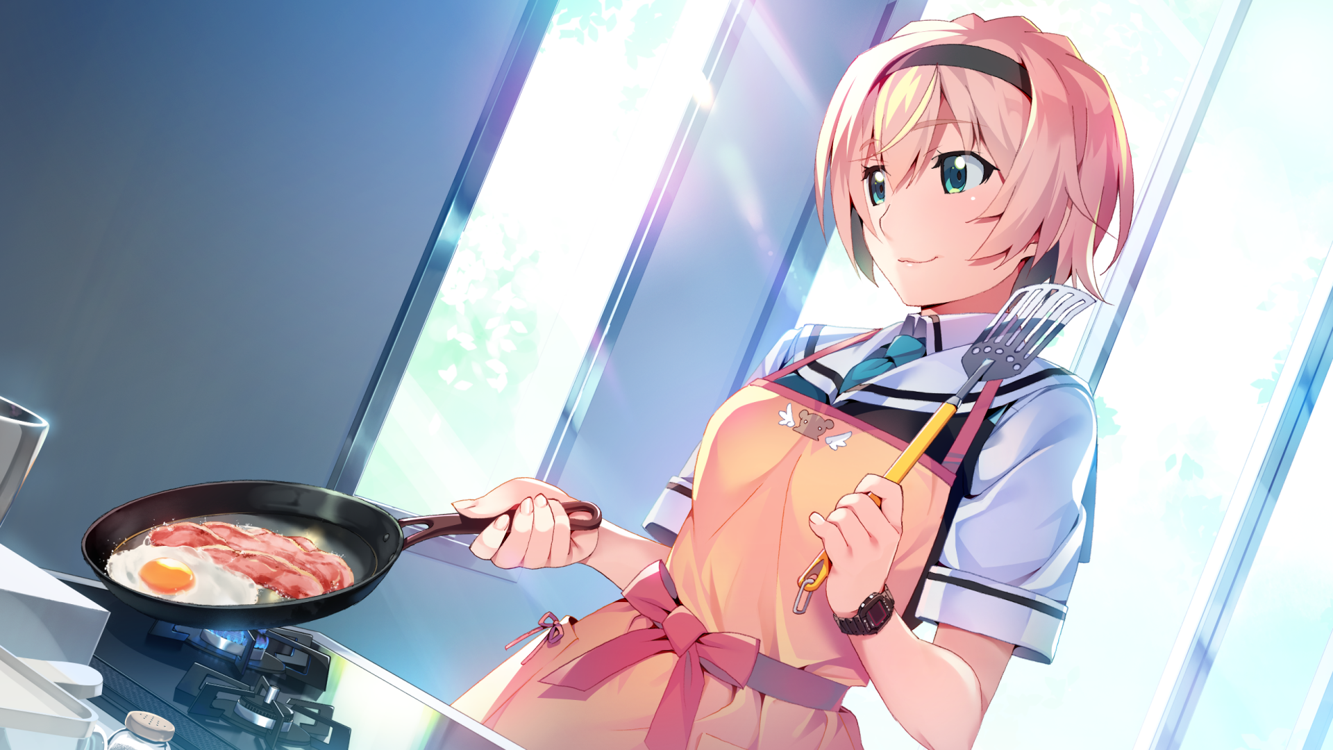 Anime-style HD PC desktop wallpaper featuring a character from Grisaia: Phantom Trigger cooking breakfast in a bright, sunlit kitchen.
