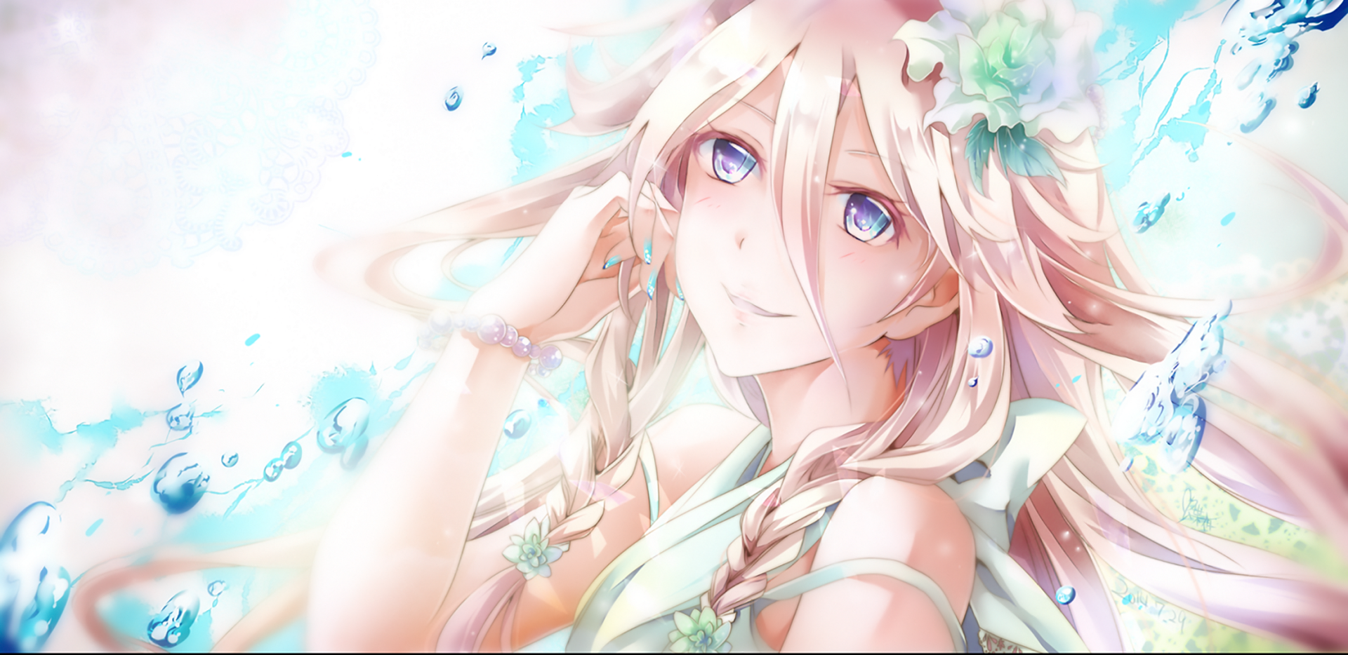 HD anime desktop wallpaper featuring IA from Vocaloid with light pastel colors and delicate floral accents.