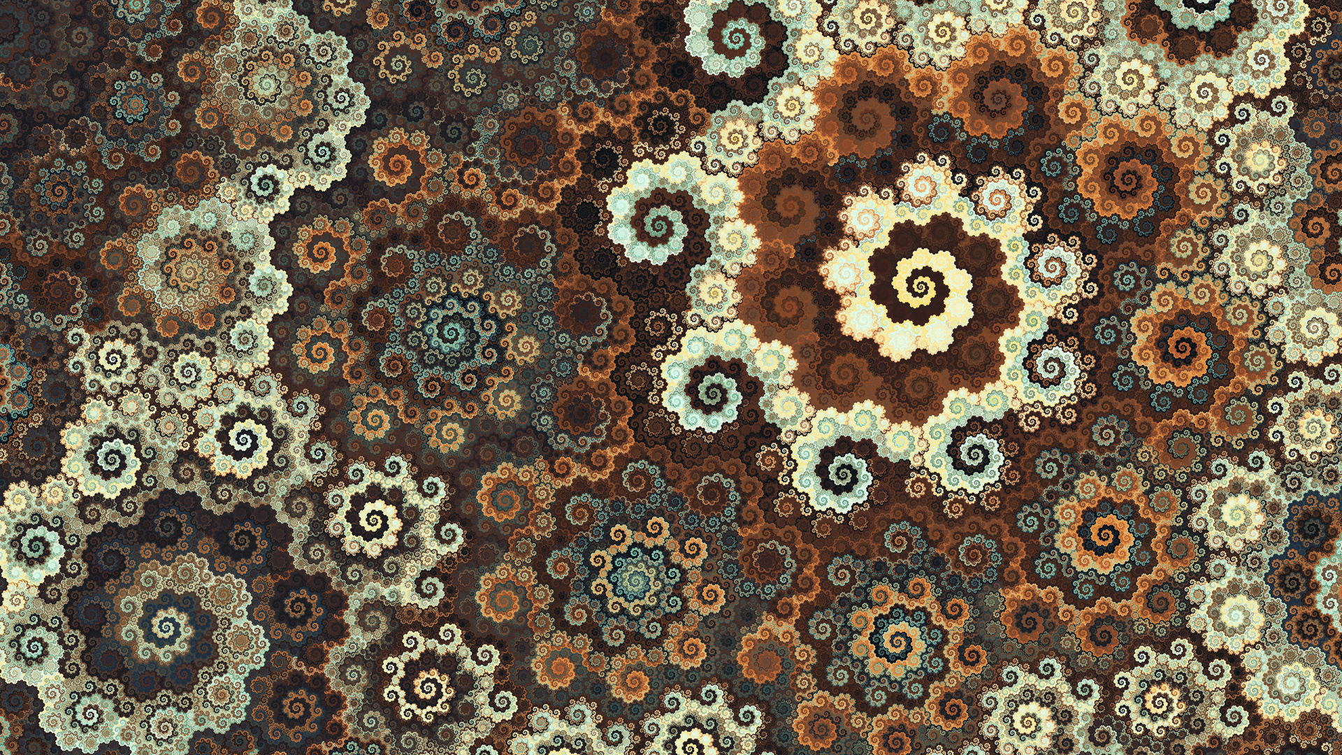 HD desktop wallpaper featuring an abstract fractal pattern of intricate, spiraling shapes in earthy tones creating a mesmerizing, repetitive spiral design.