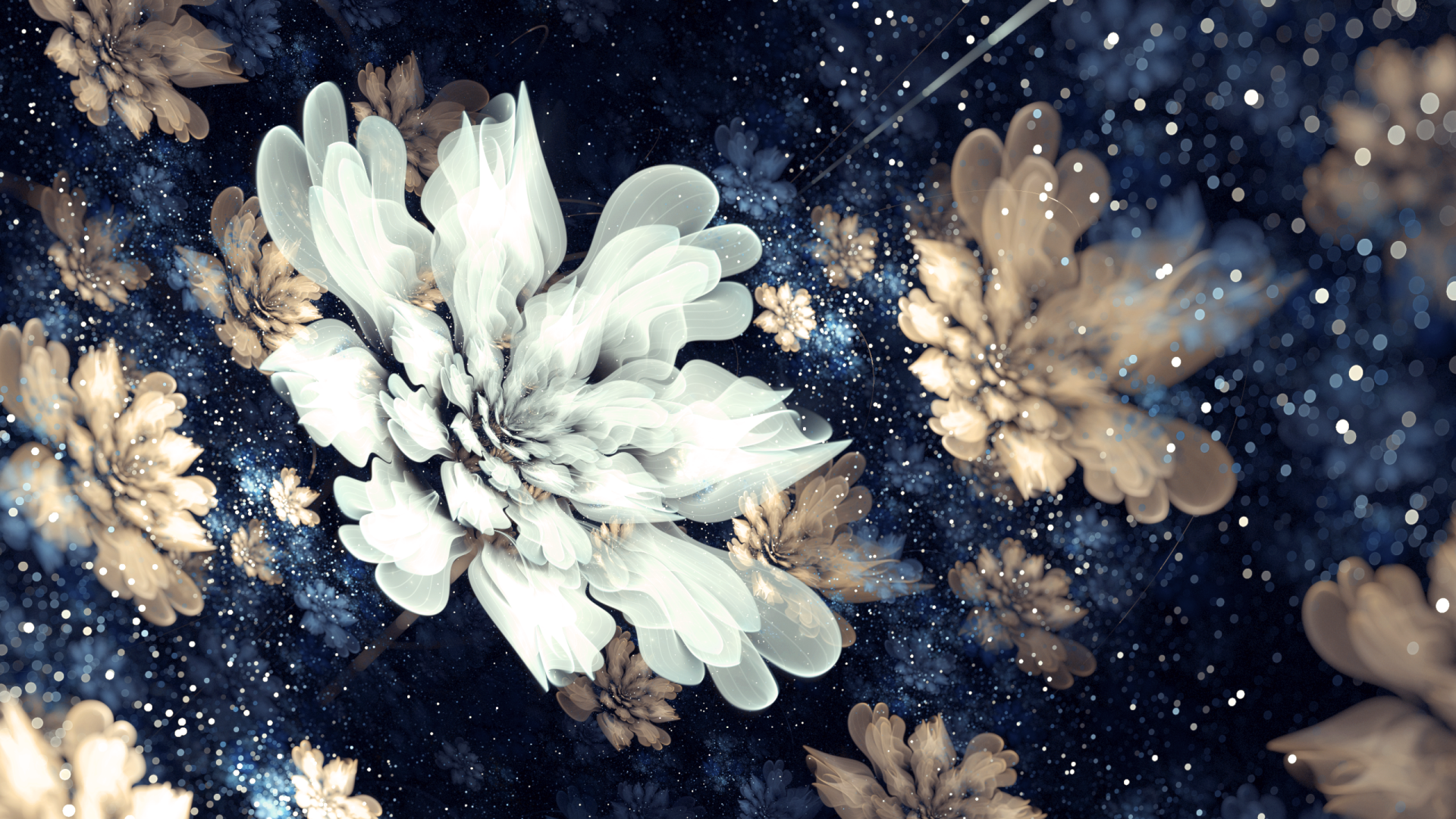 Artistic HD wallpaper featuring a white flower against a dark, intricate background, highlighted by ethereal patterns and soft colors, creating a stunning visual impact.