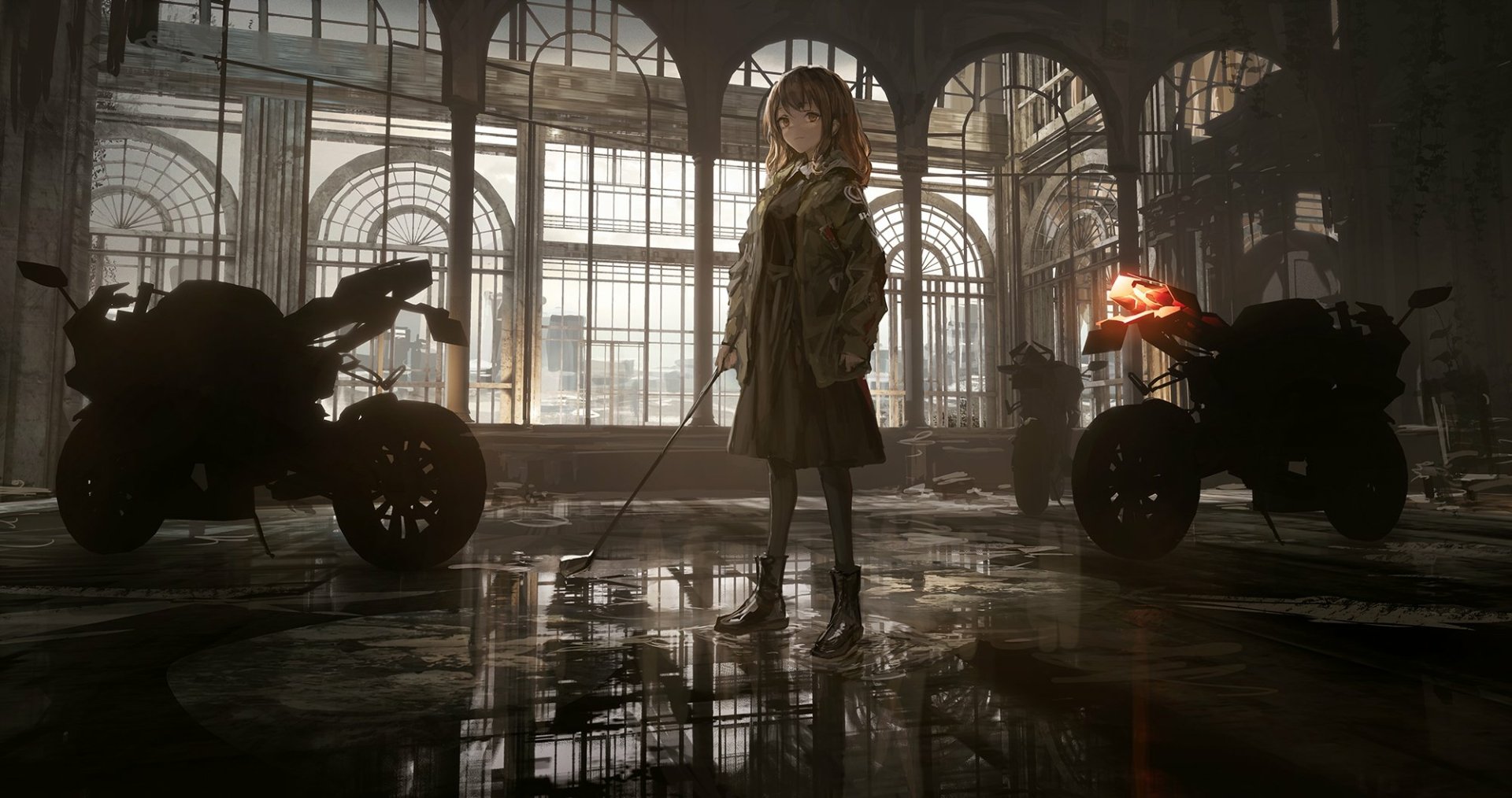 Anime-style original HD wallpaper depicting a girl standing in a reflective, spacious town hall room with motorcycles nearby, blending urban and serene golf town vibes.