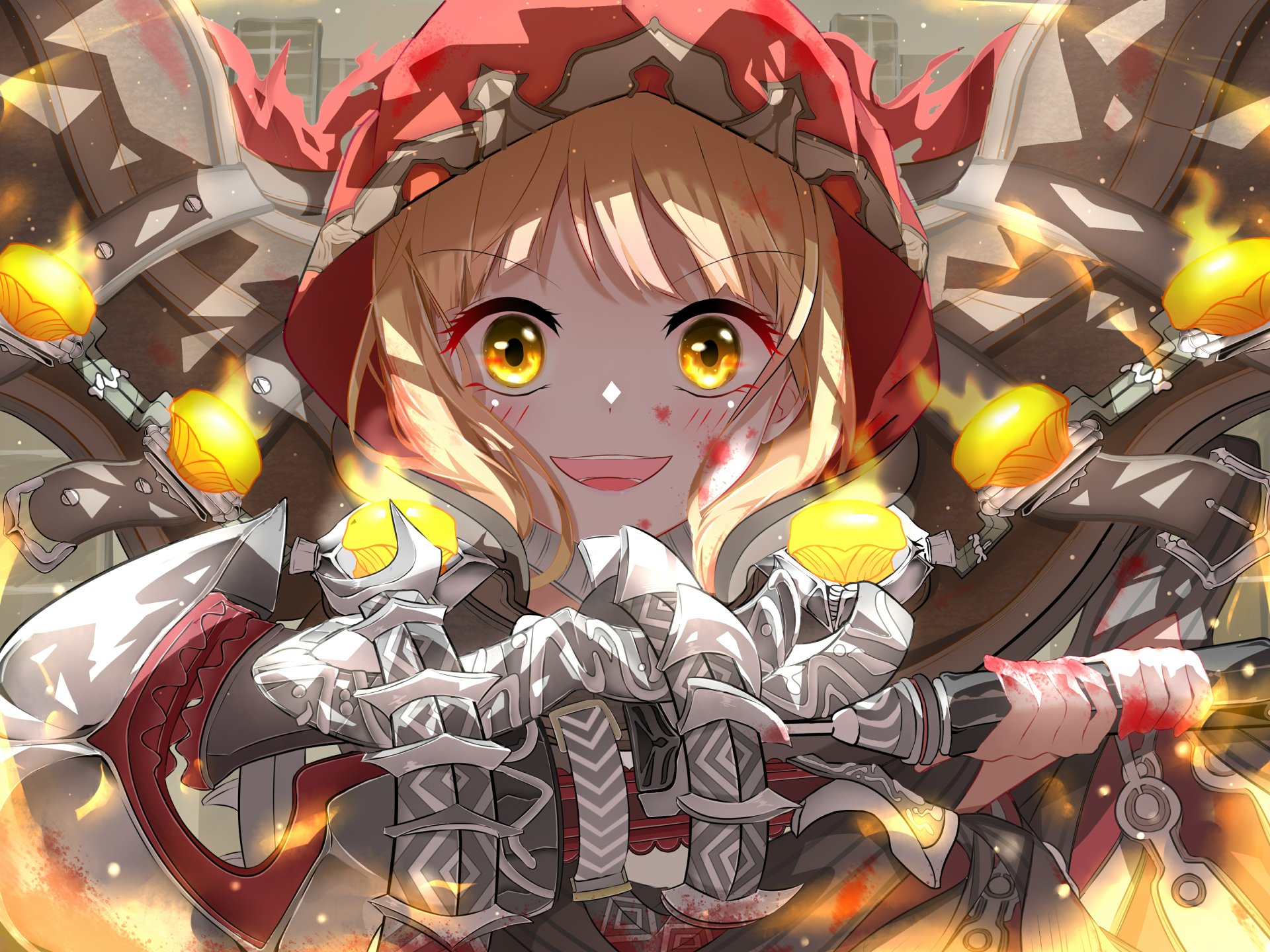 4K Ultra HD wallpaper of Akazukin from SINoALICE with blonde hair, yellow eyes, a smile, blush, and wielding a weapon, featured in the video game SINoALICE.