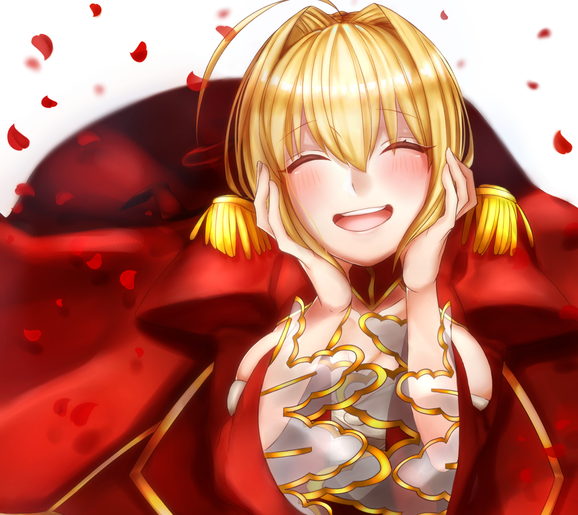 Blonde anime character Saber from the Fate Series smiles joyfully, surrounded by petals, showcasing her short hair and blush in a vibrant, captivating HD wallpaper.