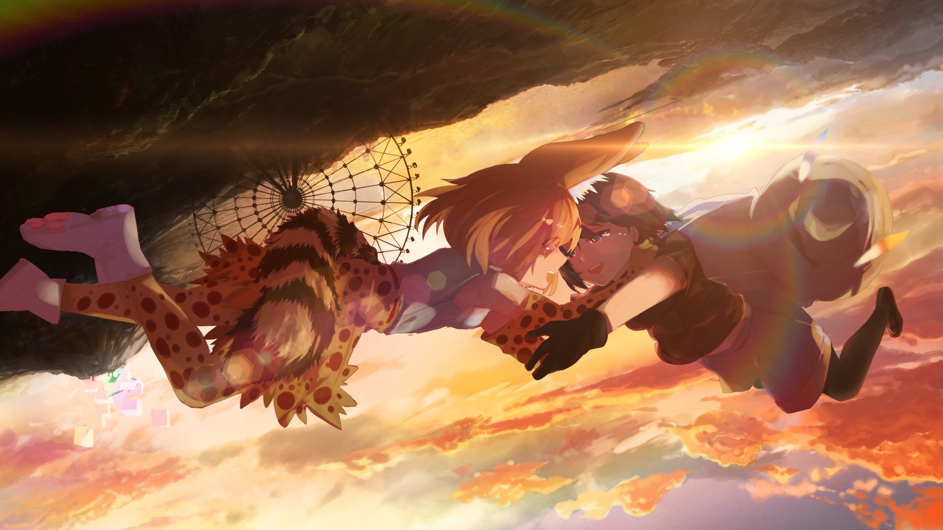 Serval and Kaban from Kemono Friends reach for each other midair against a glowing sunset sky, anime 4K Ultra HD PC desktop wallpaper background.