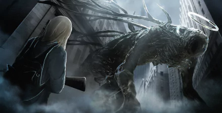Anime original HD PC desktop wallpaper/background: a blonde figure with a rifle faces a towering, multi‑limbed shadow creature amid fog and ruined skyscrapers.