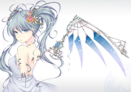 Hatsune Miku anime portrait with flowing teal hair, floral hairpiece and a mechanical winged microphone arm; pastel HD Vocaloid illustration for a PC desktop wallpaper background.