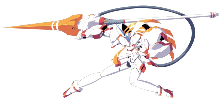 HD desktop wallpaper featuring Strelizia from Darling in the FranXX, showcasing the robot wielding a spear-like weapon with red eyes. The artwork exudes an anime aesthetic.