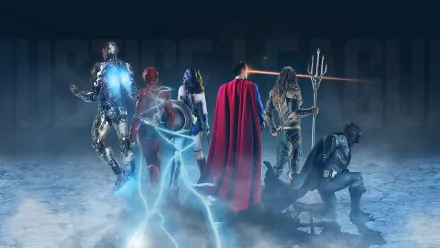 A dynamic HD wallpaper featuring DC Comics' Justice League characters: Cyborg, Aquaman, Wonder Woman, Superman, Batman, and Flash, set against a misty backdrop.