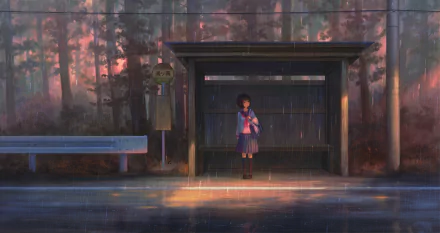 A serene anime scene features a girl waiting at a bus stop in the rain, surrounded by a forest backdrop, creating a tranquil atmosphere for an HD desktop wallpaper.