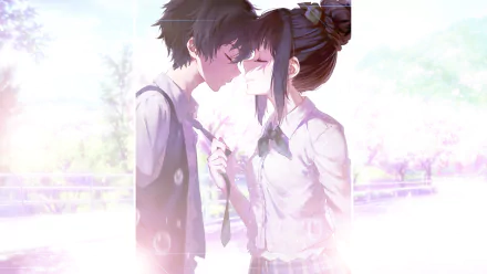 A romantic scene featuring anime characters Hōtarō Oreki and Eru Chitanda from Hyouka, set in a sunlit background with cherry blossoms. HD desktop wallpaper and background.