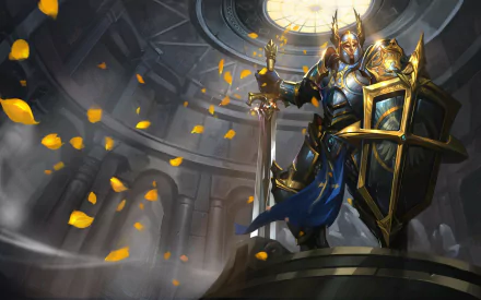 HD PC wallpaper featuring Thane, the knight from Arena of Valor (Strike of Kings), standing heroically in a grand, circular stone hall with golden leaves falling around him.