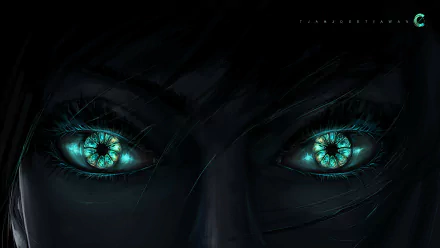 HD desktop wallpaper featuring a fantasy woman with luminous green eyes set against a dark background.