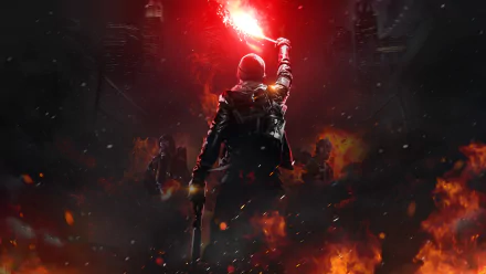 HD wallpaper featuring a dramatic scene from Tom Clancy's The Division: a soldier holding a flare amidst a fiery cityscape.