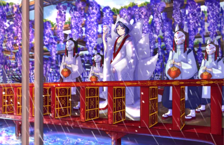 Anime original 2K Quad HD PC desktop wallpaper — fox-eared shrine maidens in white-and-red robes hold lanterns on a red wooden bridge beneath cascading purple wisteria in gentle rain.