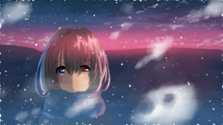 Anime-style original HD desktop wallpaper featuring a character with heterochromia wearing a scarf, surrounded by softly falling snow against a twilight sky.