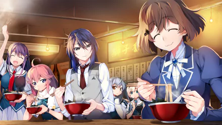 HD PC desktop wallpaper featuring characters from the anime Grisaia: Phantom Trigger enjoying a meal together in a warm, cozy setting.