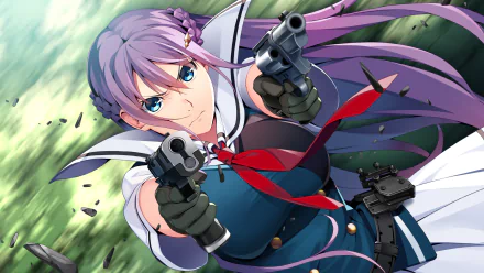 Anime Grisaia: Phantom Trigger — purple-haired girl in school uniform firing twin handguns in a dynamic pose, 2K Quad HD PC desktop wallpaper/background.